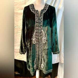 Soft Surroundings Green, Gold Sequin Embroidered Cozy Duster, Size L